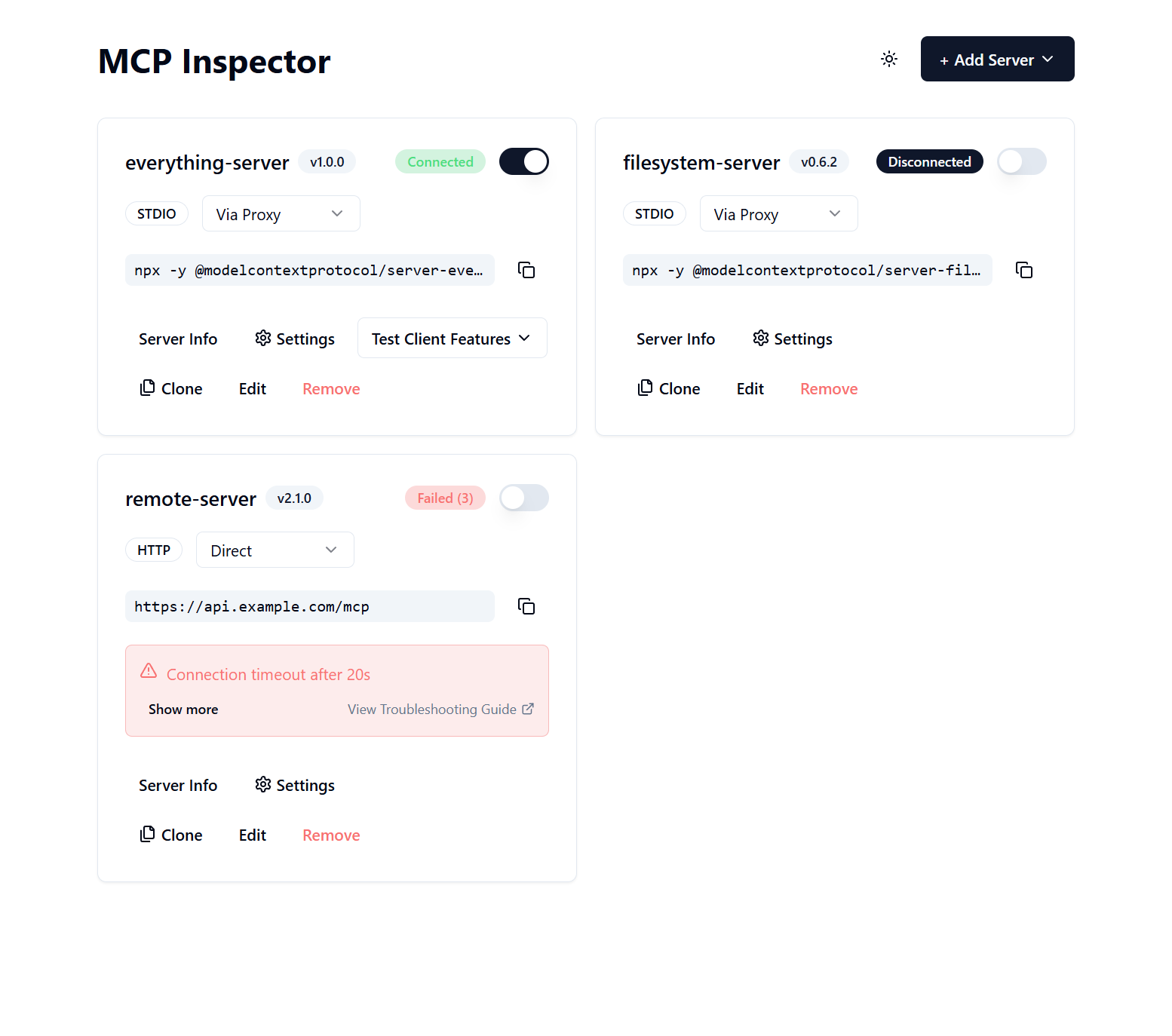 MCP Inspector 服务器列表面板,展示已连接、已断开与失败的 MCP 服务器状态