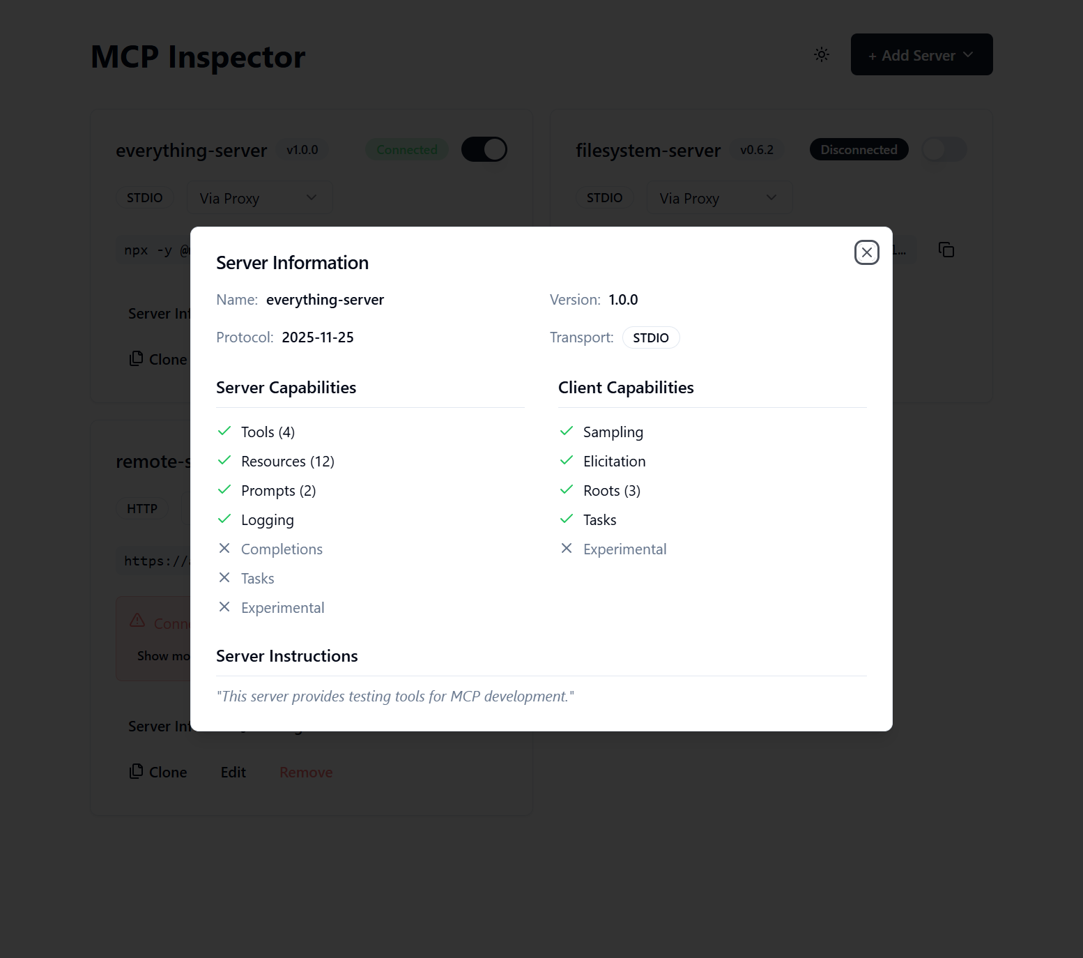 MCP Inspector 服务器信息弹窗,显示传输协议与工具、资源等能力配置