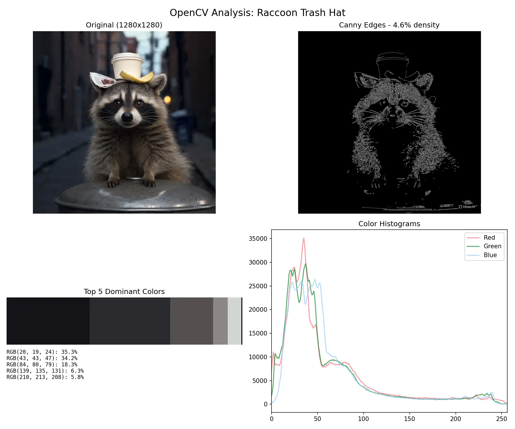 OpenCV图像分析仪表板,标题为"OpenCV Analysis: Raccoon Trash Hat",包含四个面板:左上角显示原始1280x1280的照片,一只浣熊戴着垃圾盖帽子,顶部有咖啡杯和报纸,在小巷中;右上角显示Canny边缘检测版本,白色边缘在黑色背景上,标记为"Canny Edges - 4.6% density";左下角显示"Top 5 Dominant Colors"作为色块,值为RGB(20, 19, 24): 35.3%、RGB(43, 43, 47): 34.2%、RGB(84, 80, 79): 18.3%、RGB(139, 135, 131): 6.3%、RGB(210, 213, 208): 5.8%;右下角显示"Color Histograms"折线图,红、绿、蓝通道绘制在x轴0-250和y轴0-35000上,在值25-50附近达到峰值。