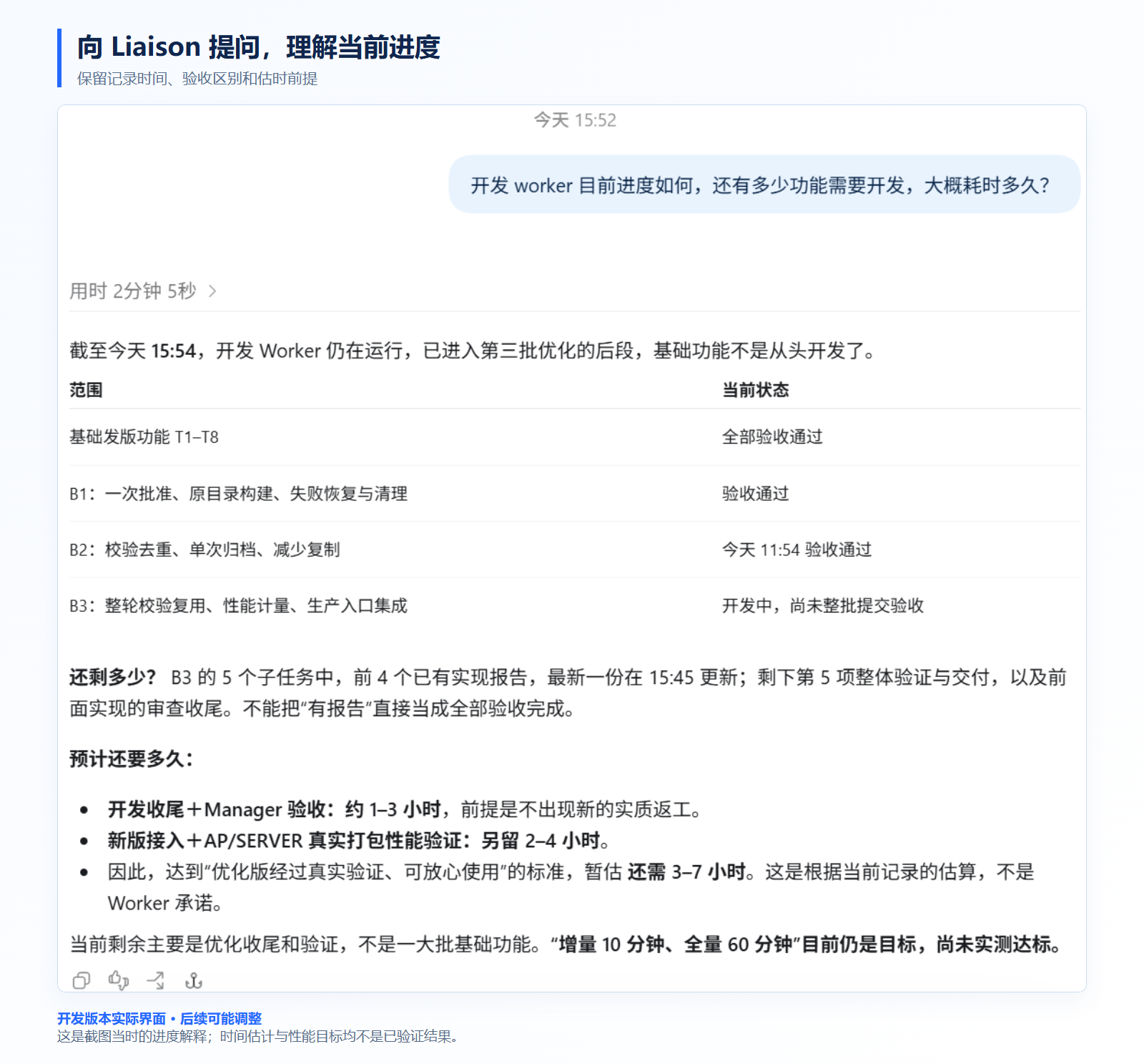 向 Liaison 提问,理解当前进度
