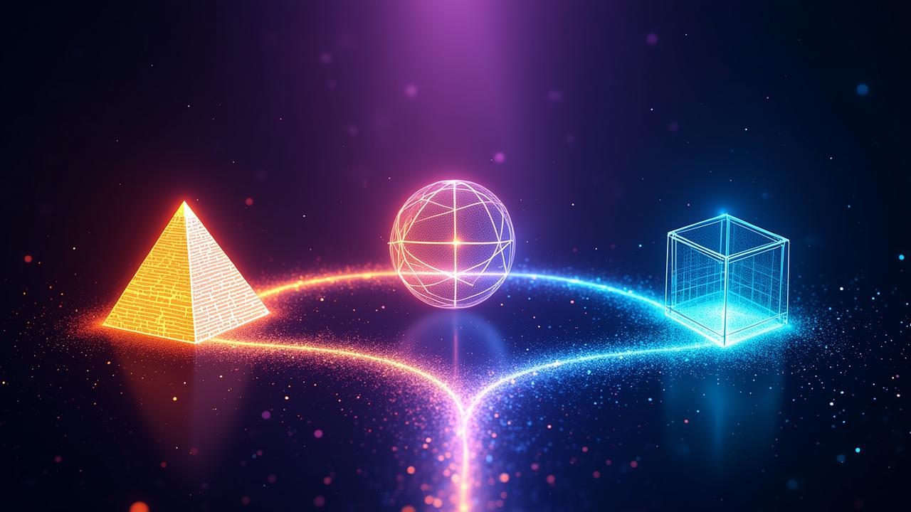 Abstract branching path imagery: three luminous tr