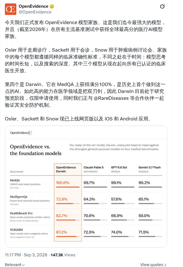 OpenEvidence 发布医疗模型家族，即日起向认证临床医生开放