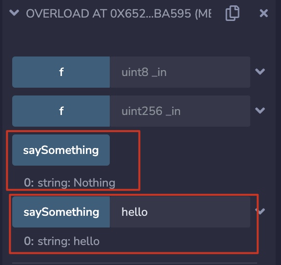 在 Remix 中调用重载函数 saySomething() 与 saySomething(string) 返回不同结果的对比截图