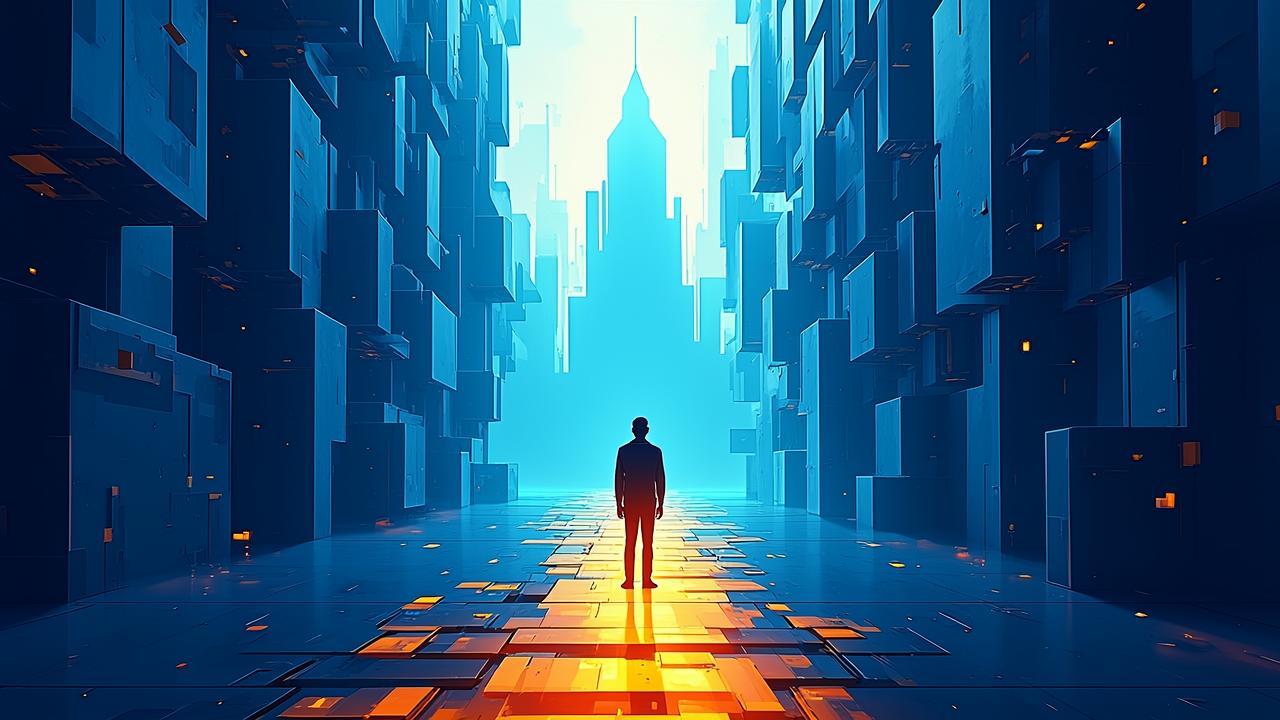 An abstract visualization of a lone figure standin