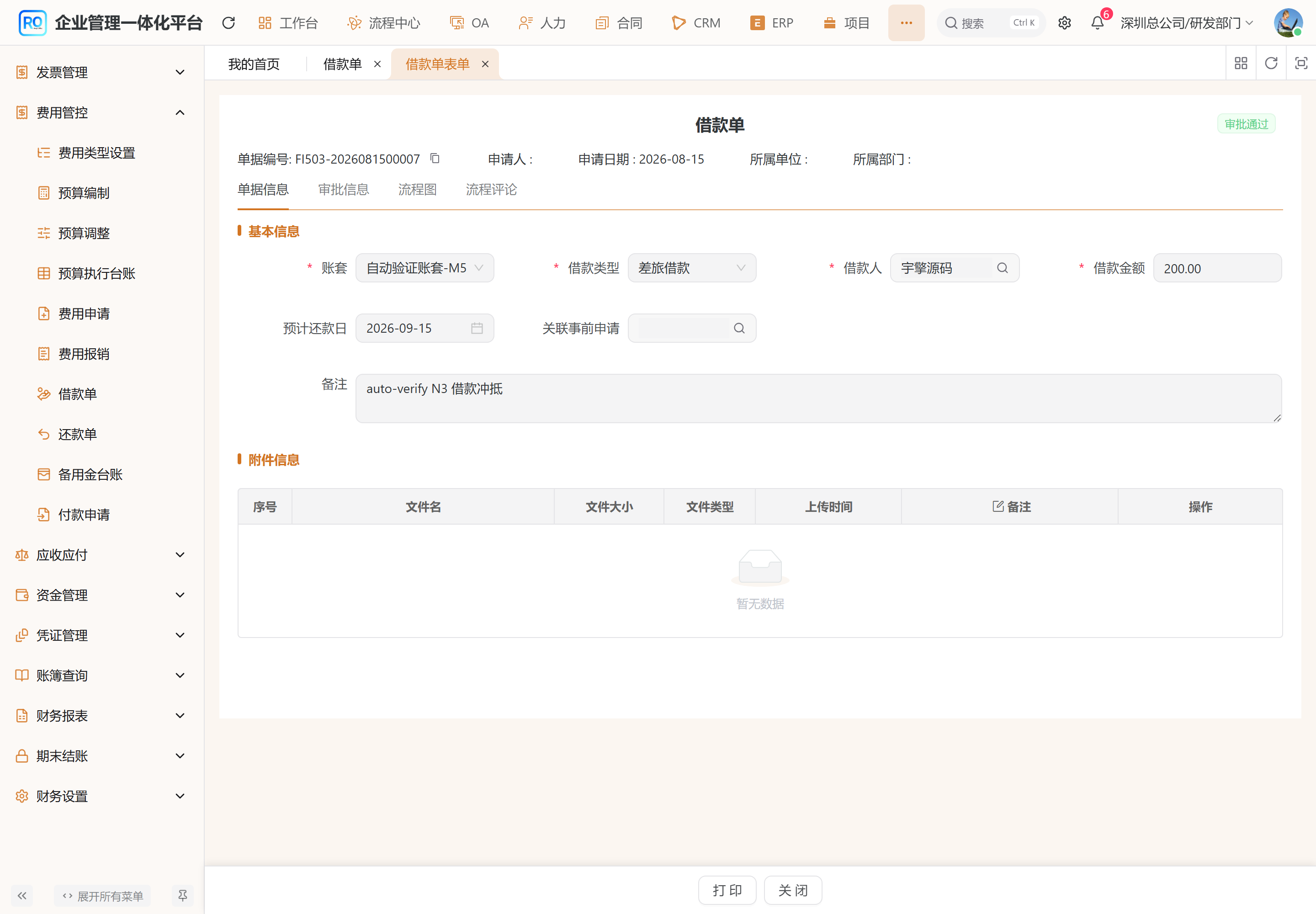 借款详情:账套、借款人、金额与来源费用申请