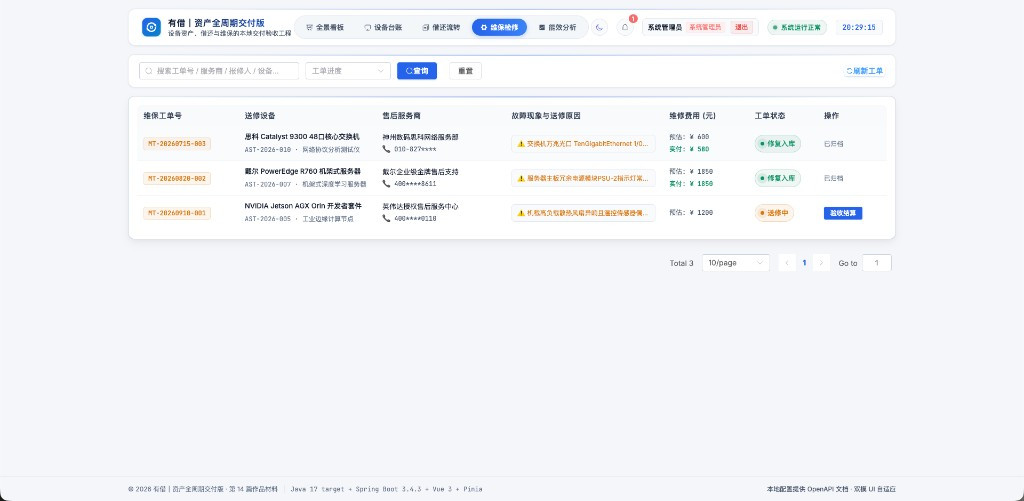维保工单及处理状态,图中记录为演示数据
