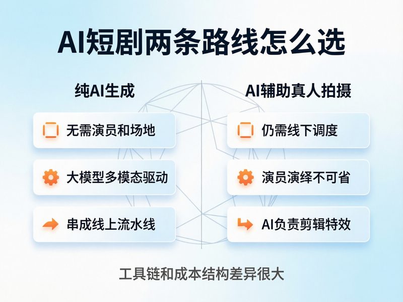 两条路线的工具链和成本结构差异很大，纯AI短剧的5道工序逐一展开。