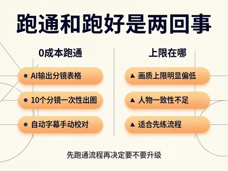 0成本跑通流程但画质和人物一致性有上限，串起资产库到精修的平台适合什么阶段的人用。
