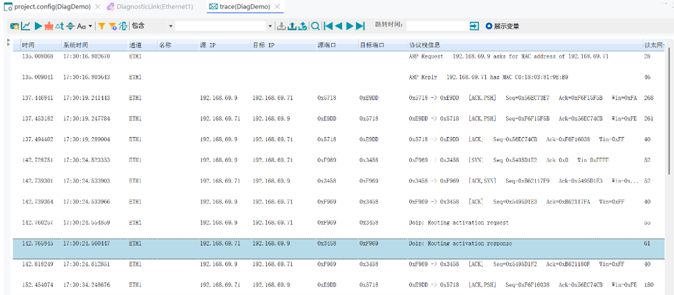 DOIP连接成功 Trace报文显示
