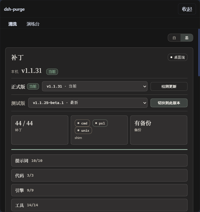 dsh-purge 安装后清洗页补丁分组状态与一键应用界面