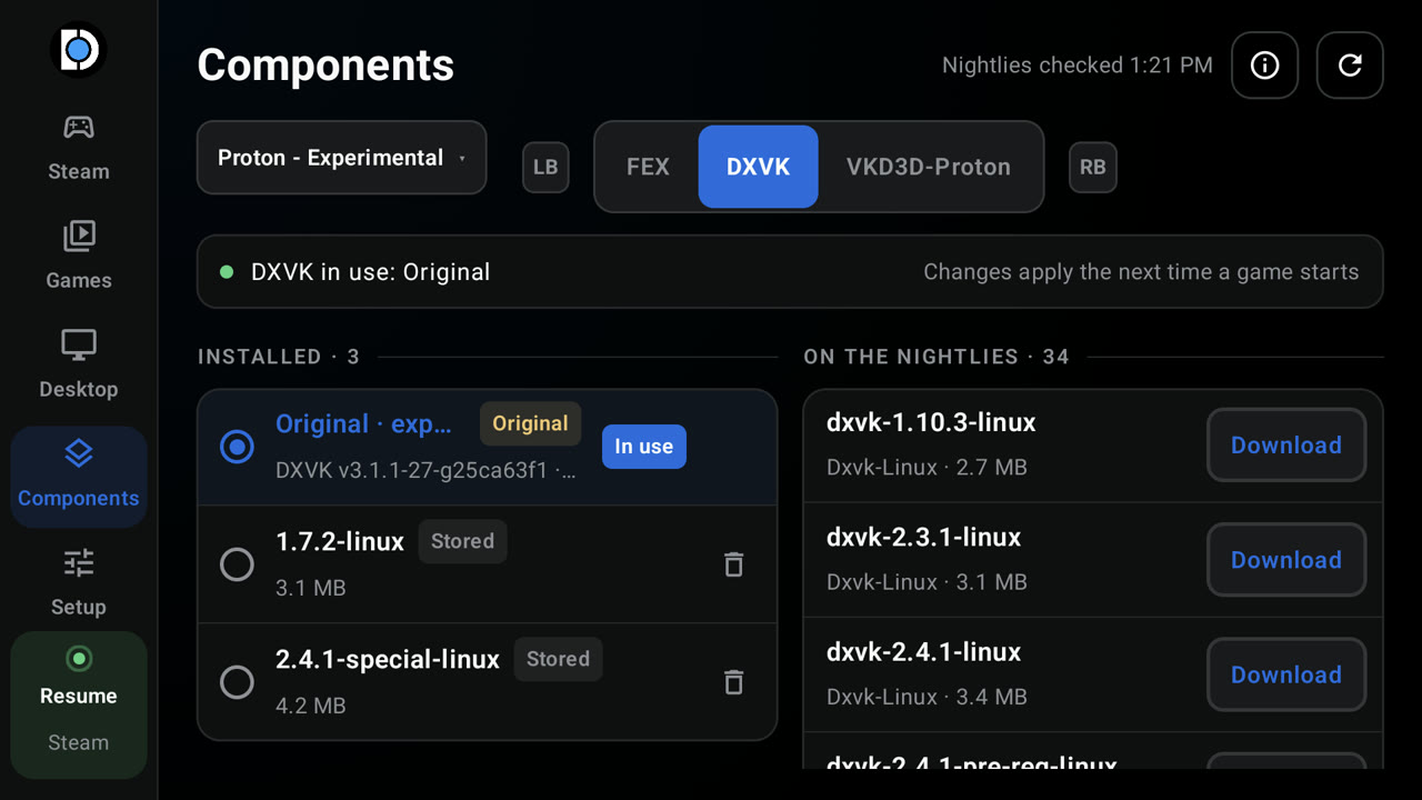 DroidDeck 的 Components 组件管理页面，管理 Proton、DXVK、FEX 等运行时组件