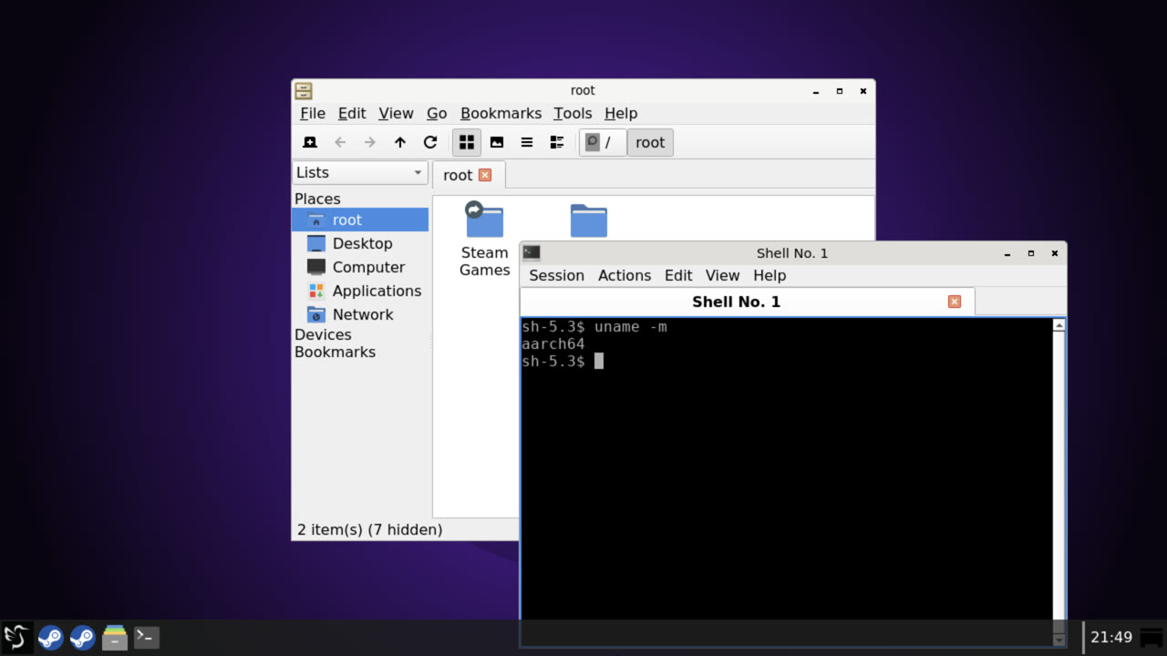 DroidDeck 在 Android 上运行 Linux 桌面环境，终端显示 aarch64 架构